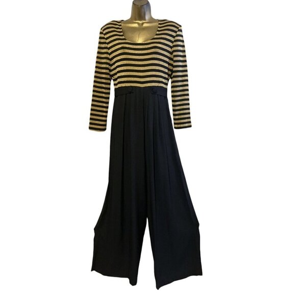 Vintage Jumpsuit 10 Gold Lamé Striped Belted Wide Leg Nautical Party Cocktail - Picture 2 of 13